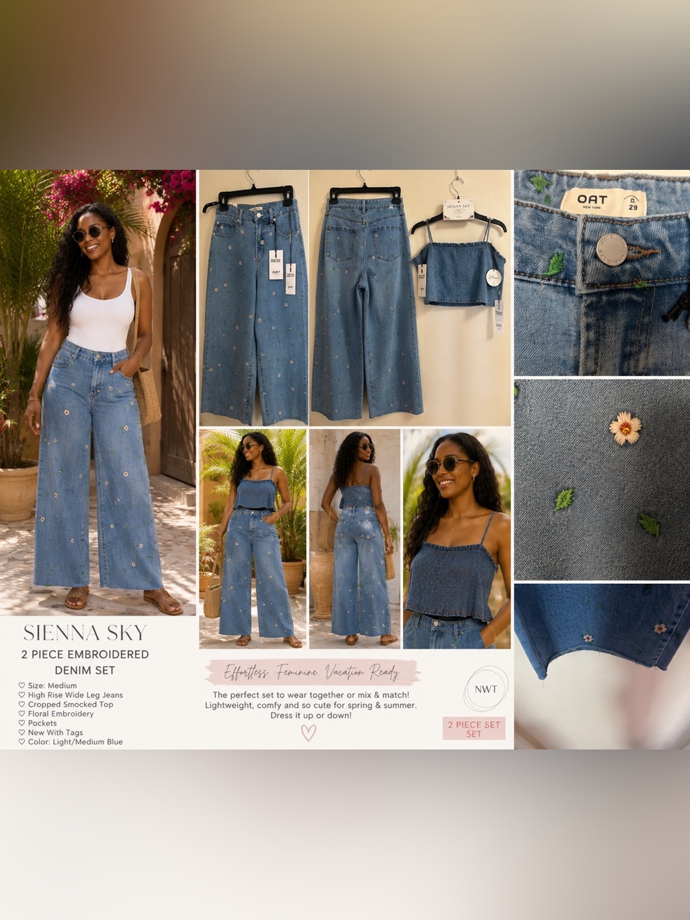 OAT New York Floral Embroidered High Rise Wide Leg Jeans NWT Size 8/29